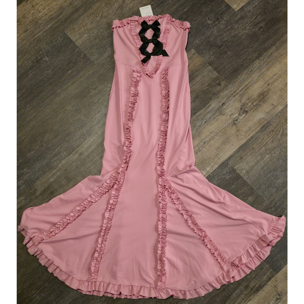 Zesica Dress Womens S Pink Strapless Maxi Ruffle Black Bow Coquette NWT